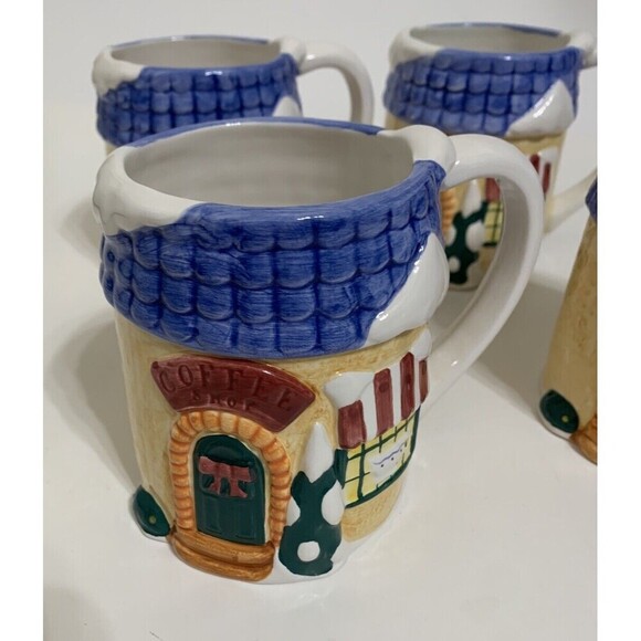 Cooks Club Coffee Shop Mug Cup Set / Lot Of 4 White Blue Christmas Snow - Picture 3 of 6